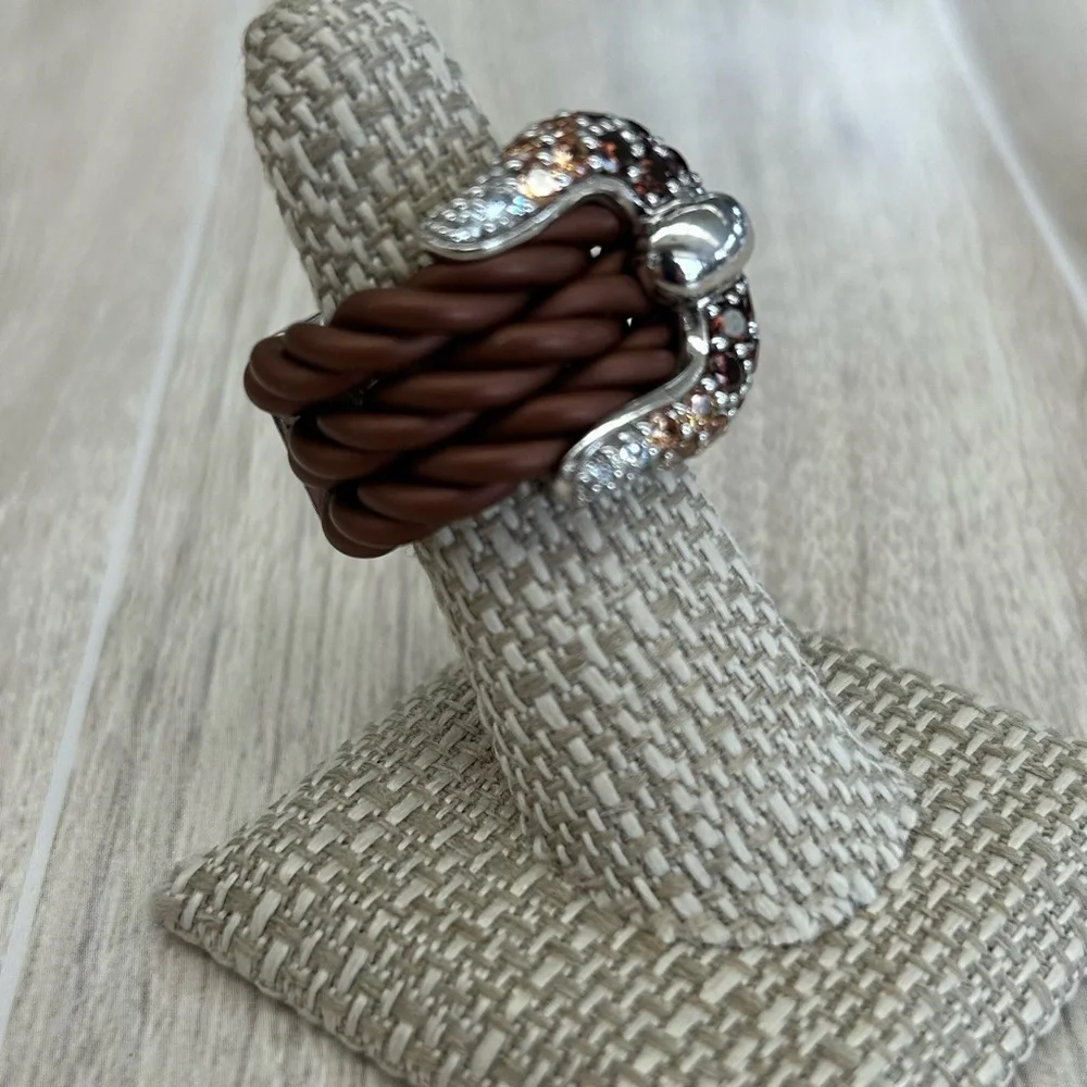 Belle Etoile Lasso Ring CZ Gold White SS Wide Buckle Ring Rubber ring, Sz 6-7